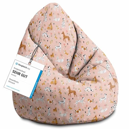 DreamRoots Sitzsack Kinder 80x80x120, Pink Cartoon Dogs | Bean Bag Kinder mit Lehne, Hocker & Bezug, Sitzkissen Boden, Bubibag, mit Füllung, Kinderzimmer
