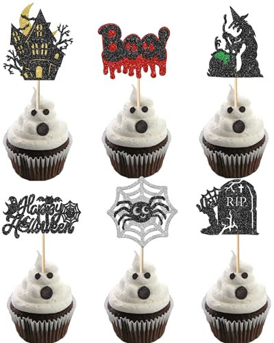 Xsstarmi 24 Pack Cupcake Toppers - Glitter Tombstones, Boo Ghost, Witch, Spider, Bat - Happy Halloween Cake Decoration for Baby Shower, Birthday Party