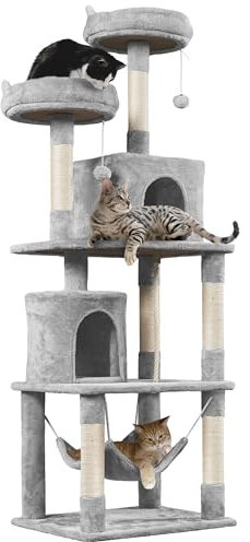 Yaheetech Albero Tiragraffi per Gatti Adulti Grandi Medi con Giocattolo 179 cm 2 Palle Cuccia Graffiatoio in Corda Sisal Grigio Chiaro