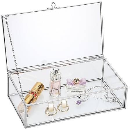 Tolida Large Vintage Glass Lidded Rectangle Jewelry Box - Tabletop Display for Rings, Bracelets, Necklaces (Silver)