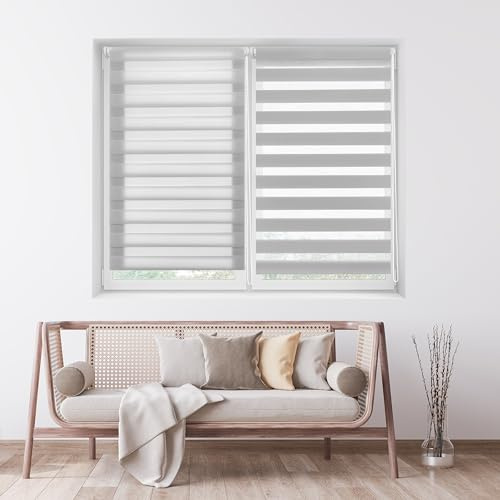 ECOMMERC3 Doppelrollo Nacht und Tag ohne Bohren Größe 105x130 - Easyfix Rollo OHNE Werkzeuge Stoffgröße 102x125 - Doppelrollo Nacht und Tag Silbergrau