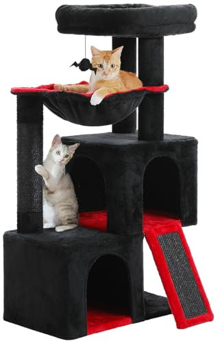 PETEPELA Árbol rascador de 104 cm con 2 espaciosas cuevas para gatos de casa, casa para gatos con cómoda hamaca, barra acolchada, almohadilla para rascar y pelota de juego extraíble, color negro