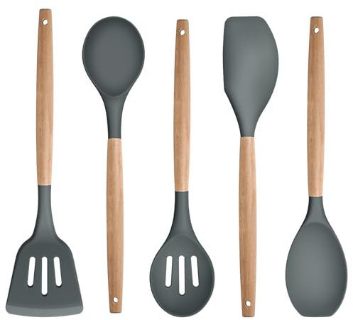 5Pcs Kitchen Utensil Set, Homikit Silicone Cooking Utensils with Wood Handle, Heat Proof Spatula Turner Spoon Set for Non-Stick Cookware, Healthy & Easy Clean, Dark Grey