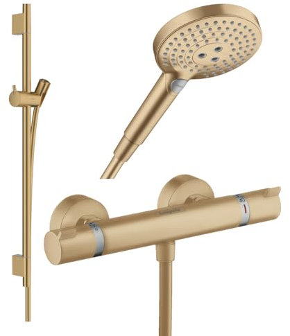 Pack mitigeur douche thermostatique HANSGROHE Ecostat Comfort + Barre Unica + flexible + Pommeau Raindance 3 jets bronze brossé