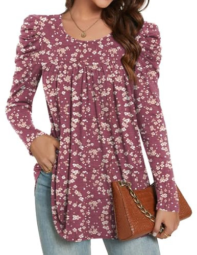 Anydeer Women Tops Casual T-Shirt Long Puff Sleeve Blouses Pleated Fall Basic Tunic Loose Pullover, 2XL, Plum Blossom+Vermilion