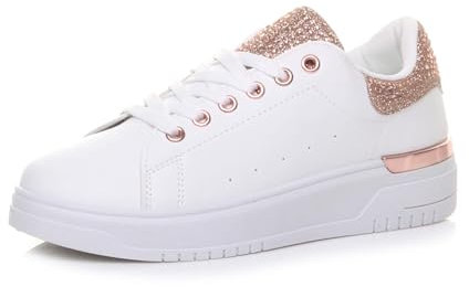 AJVANI Womens Ladies Flat Diamante Crystal Glitter Sparkly lace up Trainers Size 5 38 White Rose Gold