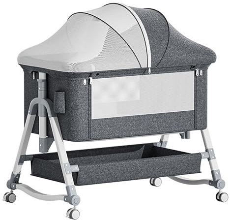 MIDUOLAI Babywiege Als Beistellbett, Einfach Zusammenklappbare Tragbare Wiege FüR Babys, Mit RäDern, Einstellbare HöHe, Inklusive Matratze,Grau