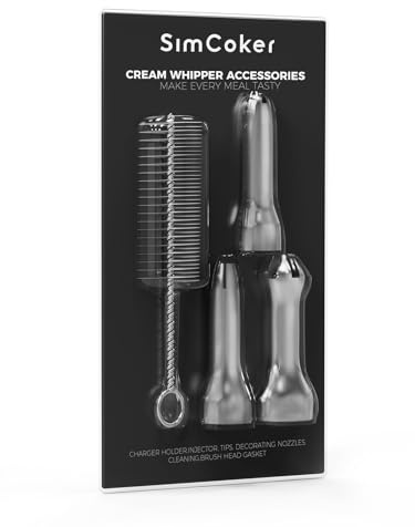 SimCoker Edelstahl-Spritztüllen für Sahnespender, 3er-Set | 3 Spritztüllenformen aus 304-Edelstahl mit Reinigungsbürste für Sahne, Cremes und Desserts; Stecksystem ohne Gewinde.
