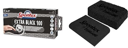 Spontex Bundle Extra Black Einmalhandschuhe aus Vinyl, Größe S, schwarz,100er Pack + Premium–Quellschwamm, schwarz, 3er Pack