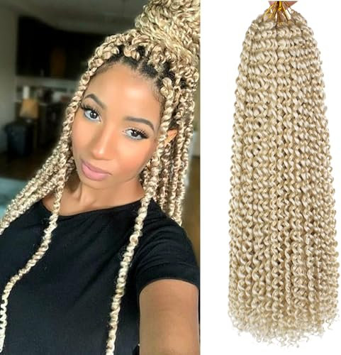 Samtress 18 Inch Passion Twist Crochet Hair 7 Packs Blonde Water Wave Crochet Hair Bohemian Curly Passion Twists Hair for Faux Locs、Butterfly Locs Hot Water Setting Braiding Hair for Women (#613)