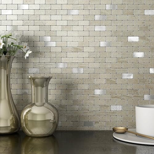 M MOFIT Brick Stick on Mosaic Tiles Kitchen Splashback Fireplace Stove,3D Self Adhesive Wall Tiles Stickers for Bathroom(Champagne 10pcs)