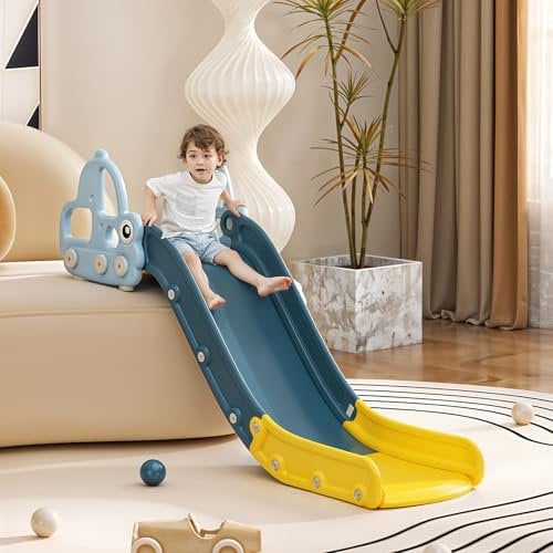 FUKEA Sofa Slide, Toddler Slide Indoor Kids Slide with Extended Length, Baby Car Slide for Bed Couch Slide for Toddler Age 1-3, Blue