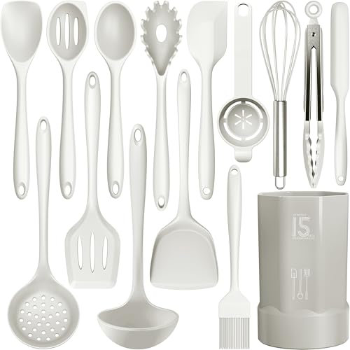 Juego de utensilios de cocina de silicona resistentes al calor, espátula, cuchara, juegos de utensilios de cocina, utensilios de cocina antiadherentes, aptos para lavavajillas, sin BPA (blanco crema)