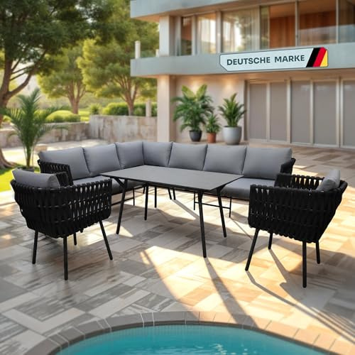 Gardissimo Dining Lounge Abby Links Sitzgruppe, Anthrazit, 9 Personen | Schwarz mit Ecksofa, Esstisch, 2 Sessel, Kissen, Wetterfest, Bezüge Waschbar, Aluminium Rope
