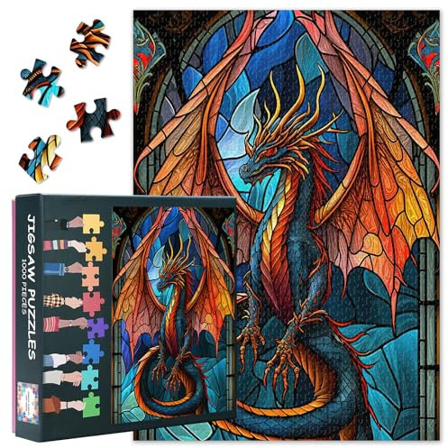 Jigsaw Puzzles 1000 Pieces for Adults, Stained Glass Window Style Jigsaw Puzzles, Colorful Dragon Puzzle for Adult 1000 Pieces, Dragon Puzzles, Impossible Puzzle for Adults 20X27 INCH