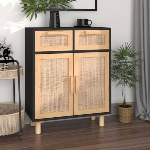 Myheimly Sideboard Schrank Anrichte Beistellschrank Kommode Mehrzweckschrank Standschrank 60x30x75cm Massivholz Kiefer Natur-Rattan Schwarz