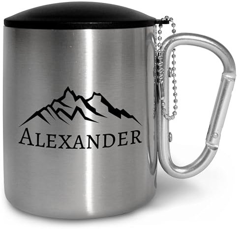 Edelstahl-Tasse personalisiert mit Karabiner und Deckel „Berge“ - Geschenk mit Bergen für Männer & Frauen - Edelstahlbecher mit Deckel und Namen – Outdoor Camping (Silberner Griff, Mit Deckel)