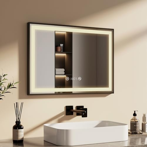 EMKE Badspiegel mit Beleuchtung 70x50cm, Badezimmerspiegel mit Antibeschlag, Neutralweiß Licht dimmbar 4300K, Uhr, Touch, Speicherfunktion, schwarzer Badezimmerspiegel mit Beleuchtung