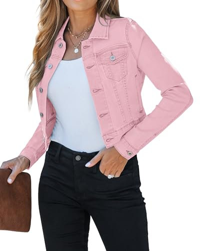 Roskiky Veste en jean cropped pour femme - Coupe légère - Stretch - Avec poches, Rose, XL