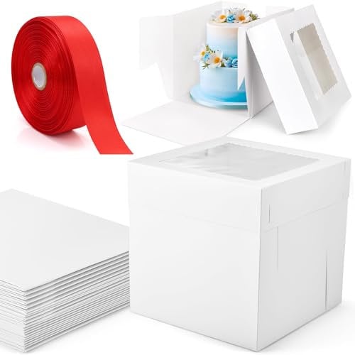 Defresit 12 White Tall Cake Box, Pack Of 8, 304 X 304 X 304mm (12 X 12 X 12'')&With 22m ribbon, Ideal for Transporting Celebration Cakes, Wedding/Birthday Cakes