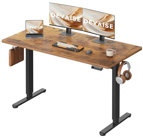 DEVAISE Höhenverstellbarer Schreibtisch 140x70cm Split, mit leisem Motor und Memory-Funktion für 3 Höhen, ergonomischer Computertisch für Büro, Braun