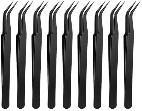 9 Stück Schwarz Praezisions Pinzette Set, Gebogener Spitze Pinzette Wimpernpinzette Set aus Edelstahl Gebogenen Spitzen Pinzetten ür Wimpernverlängerungen
