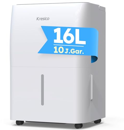 Kresico Luftentfeuchter elektrisch 16L/24H, Entfeuchter elektrisch, Luftentfeuchter Keller 39dB, Raumentfeuchter elektrisch für Räume ca. 140m³/40m², Ablaufschlauch, Filter, Timer, 10 J. Gar