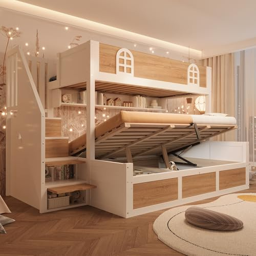 Triple Bunk Beds For Multiple Children, 4ft6 Double & 3ft Single Wooden Bed Frame with Hydraulic Storage & Storage Stairs & Bookcase, Solid Wood Family Loft Bed with Guard Rails, White & Natural