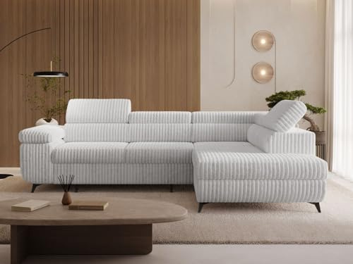 GRAINGOLD Argon L Ecksofa modern mit Bettfunktion, 255x190 cm, L-Form Sofa, Schlafcouch für Wohnzimmer, Cordstoff, 4-Sitzer Eckcouch, Ecksofa mit Bettkasten (Grau, Rechts)
