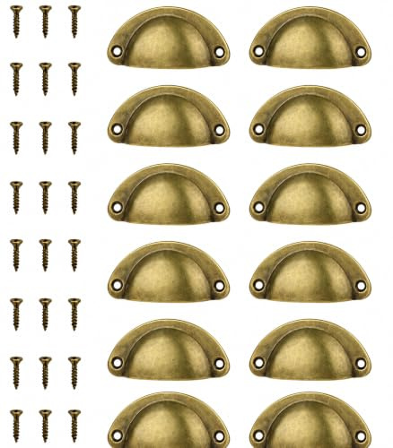 Funver 12 Pcs Vintage Shell Cup Pull Handles, Antique Brass Drawer Pulls | 65mm Hole Centre for Kitchen Cabinets Dresser Cupboard Doors, Retro Half Moon Metal Knobs with Screws