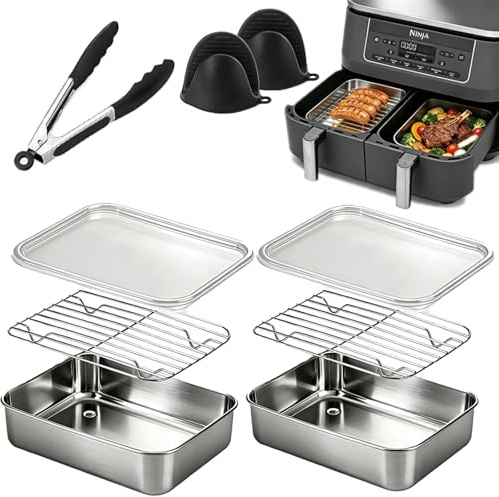 Airfryer Zubehör 2 Stück Heißluftfritteuse Zubehör passend für Ninja Dual Zone AF400EU AF451EU AF500EU DZ400EU SL400EU SL400EUCP, 4,5L–4,75L Einzelkorb Größe，Auflaufform Airfryer aus Edelstahl