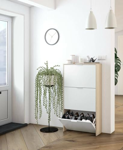 Dmora - Étagère à chaussures Escondido, armoire à chaussures avec 3 portes pliantes, armoire double capacité pouvant accueillir jusqu'à 18 paires de chaussures, 60x22h113 cm, chêne et blanc brillant