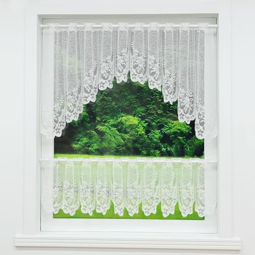 HeichkelL Scheibengardine 2 Teilige Spitze-Jacquard Vorhang Set Halb-Bogen HxB 60x160cm und Bistrogardine HxB 30x160cm Stangendurchzug Blume-Muster Weiß