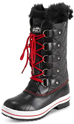 Polar Donna Trapuntato Tall Neve Impermeabile Inverno Pelliccia Ecologica Durevole Suola Di Gomma All'Aperto Pioggia Stivales - Nero/Rossa - UK5/EU38 - YC0630