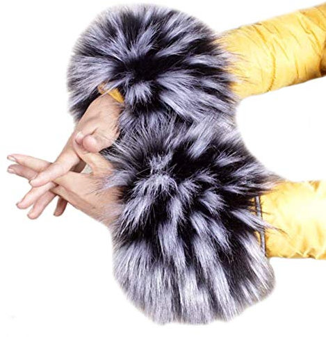 MoreChioce Pelzmanschetten,Kunstfell Armstulpen Damen Pulswärmer Flauschig Fellstulpen Herbst Winter Manschetten Handschuhe für Herbst Wintermantel Kapuze,Schwarz Weiß