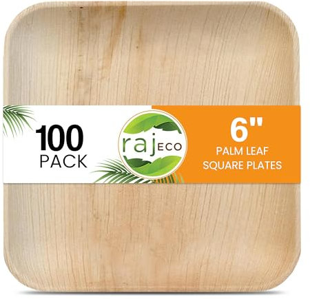 Raj Palm Leaf Plates [100-Pack] 6 Square Plates Disposable, Strong, Decorative Compostable Tableware for Wedding, Lunch, Dinner, Birthday, Camping, Outdoor BBQ, Picnic