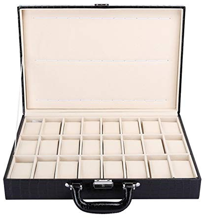 La-achu Scatola Portaoggetti per Orologi 24 Griglia in Pelle Sintetica con Chiave 16,9 x 11,4 x 3,5 Pollici - Nero