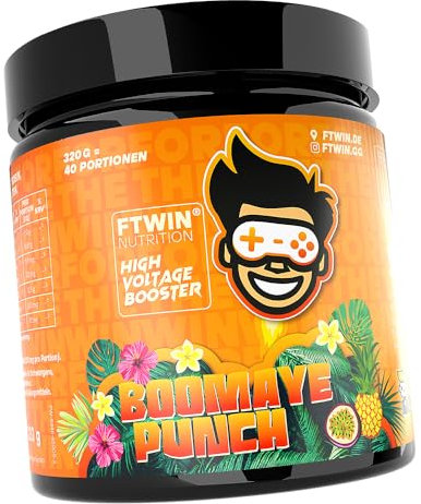 FTWIN HIGH VOLTAGE BOOSTER | Für GAMER und E-SPORTLER | REFLEX – FOCUS – ENERGY – ENDURANCE | 320 g = 40 Portionen (320 g, Boomaye Punch)