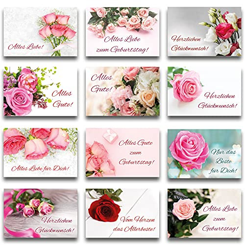 Geburtstagskarte Glückwunschkarten Set mit 12 Geburtstagskarten Klappkarten mit Umschlag Rose Rosen Blume Zart Pastell Happy Birthday Alles Gute Geburtstags Alles Liebe