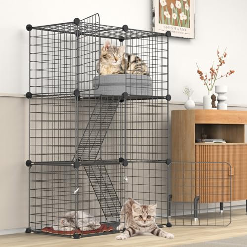 ybaymy 3 Tier Indoor Cat Cage Large DIY Cat Enclosure Small Animals Cages with 3 Doors, 2 Ladders 109 x 75 x 39 cm Anti-jumping Kitten Crate Indoor Use Pet Cages for Cats, Bunny, Chinchilla, Black