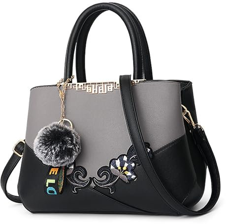 DORRISO Damen Handtasche Mode Stickdesign Schultertasche Große Kapazität Umhängetasche Casual Reise Handtasche PU Leder Top Griff Tasche für Frauen Grau B