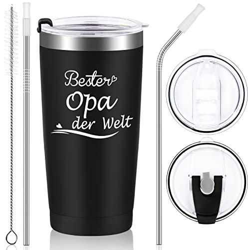 Livole Opa Geschenke Geburtstag, Geburtstagsgeschenk für Opa, Becher mit Spruch Bester Opa Der Welt, Opa Tasse, 600ml Doppelwandig Camping Becher, 20oz Thermobecher mit Strohhalm, Schwarz