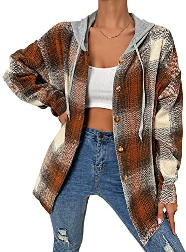 seiveini Veste Carreaux Femme Automne et Hiver Manteau Parka Simple Boutonnage Chemiser Trench Coat Revers Manches Longues Outercoat Longue Cardigan Blouson Vintage C Marron L