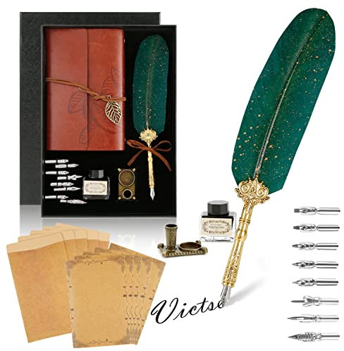 Victse Kalligraphie-Stifte, Vintage, Kalligraphie-Feder, Retro-Schreibfeder, Siegel Dip Pen mit 8 Ersatzspitzen, 5 Set Umschläge (Dunkelgrün)
