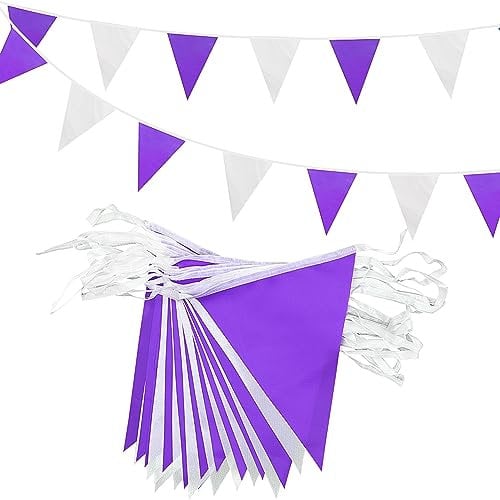 Wimpelkette, dreieckige Flaggen, Banner, zweifarbig, wiederverwendbar, Polyesterstoff, für Innen- und Außenbereich, 20 m, 52 Stück, lila-weiß, Party-Dekorationen