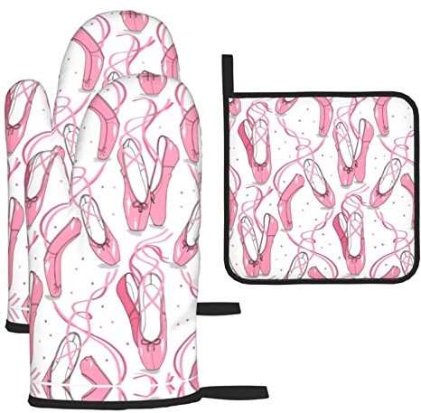 Juego de 3 manoplas de horno y soporte para ollas, color rosa, resistentes al calor y duraderos para hornear