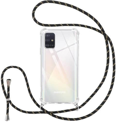 Vauki handyband für Samsung Galaxy A51 Hülle mit Band, Durchsichtig Transparent Silikon Handyhülle mit Kette, Stoßfeste Schutzhülle zum Umhängen Kordel für Samsung A51, Schwarz 01