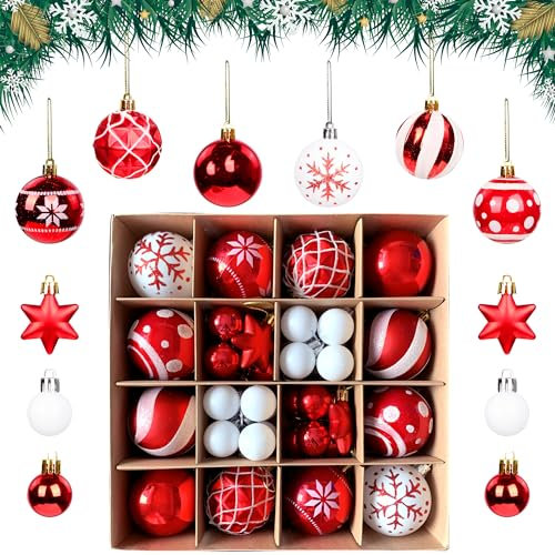 AWCIGG® Palline Albero Natale 42 Pezzi Palline di Natale Bianche e Rosso Decorazioni Addobbi Albero di Natale Palline di Natale Plastica Idee Regalo Natale Decorazioni Natalizie per la Casa