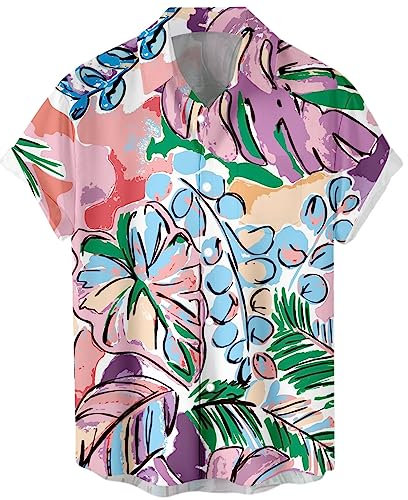 Lzzidou Chemise hawaïenne à manches courtes boutonnée pour homme, Violet, rose, vert, Taille M