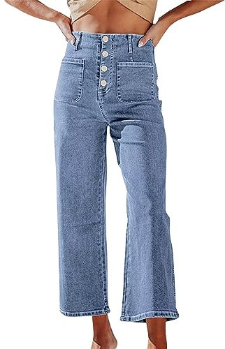 Pantalon court en jean pour femme, coupe maman, confortable, en coton bio extensible, taille haute, boutons de contrôle du ventre, coupe ample, droite, jambe large, pantalon en jean sur mesure avec